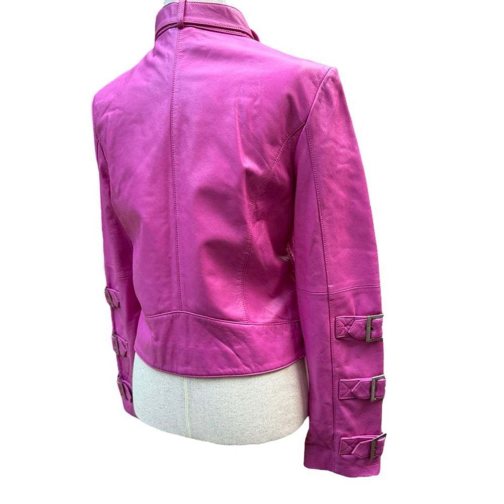 Fuchsia Pink Leather Moto Jacket São Paulo Size 6 – Cropped Buckle Sleeve Biker - Picture 7 of 15